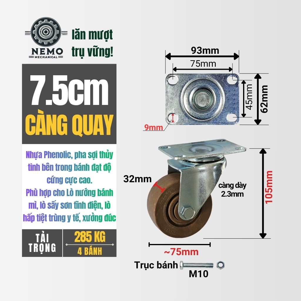 Bánh Xe Phenolic Chịu Nhiệt 280°C – Chuyên Dụng Lò Nướng, Lò Sấy (D75, D100, D125)